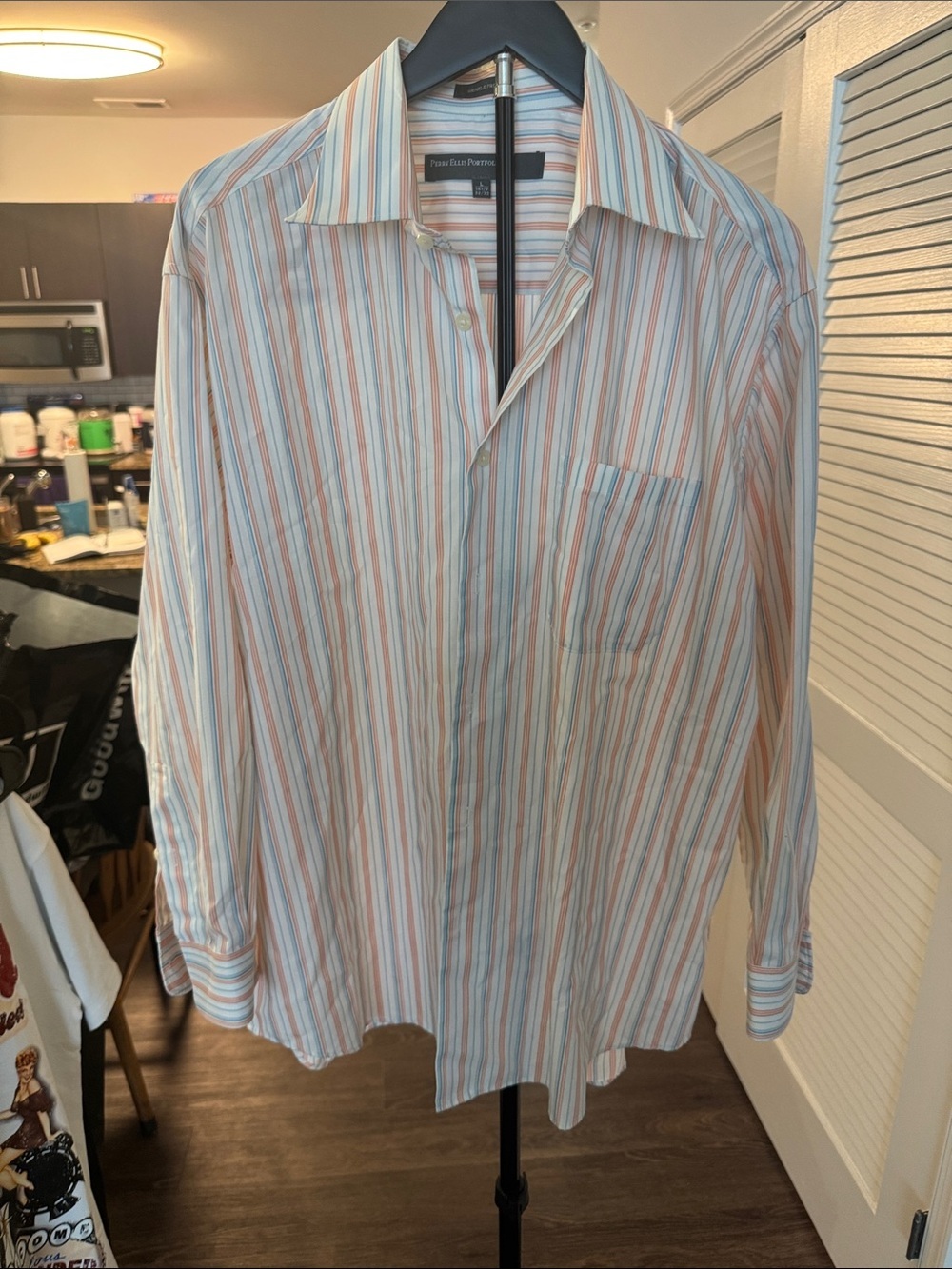 Perry Ellis Portfolio men's dress shirt features multicolored pastel striped